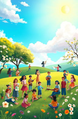 A serene landscape depicting a diverse group of individuals celebrating their journey of hope and happiness associated with autism