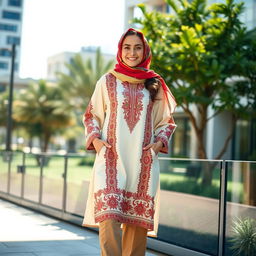 A stylish Persian woman wearing a modern outfit that seamlessly blends traditional elements with contemporary fashion