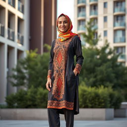 A stylish Persian woman wearing a modern outfit that seamlessly blends traditional elements with contemporary fashion