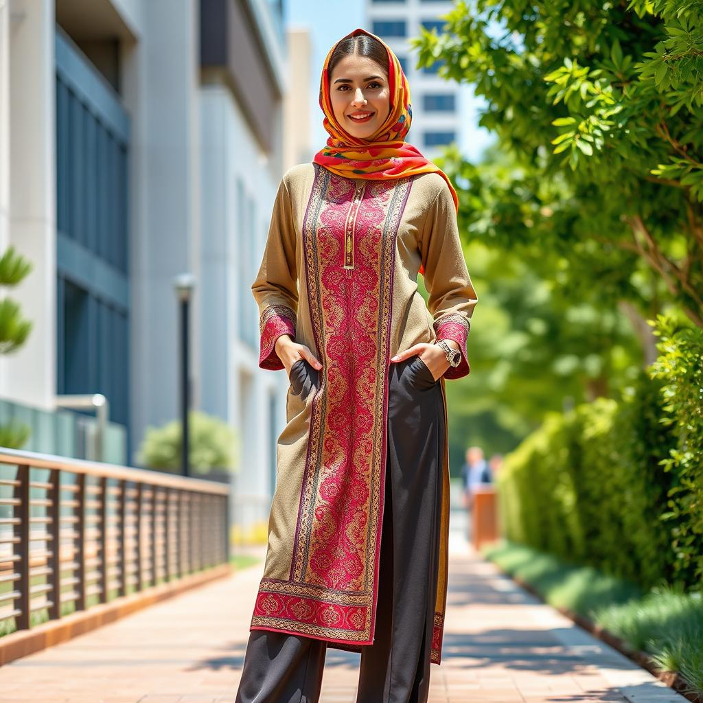 A stylish Persian woman wearing a modern outfit that seamlessly blends traditional elements with contemporary fashion