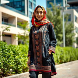 A stylish Persian woman wearing a modern outfit that seamlessly blends traditional elements with contemporary fashion