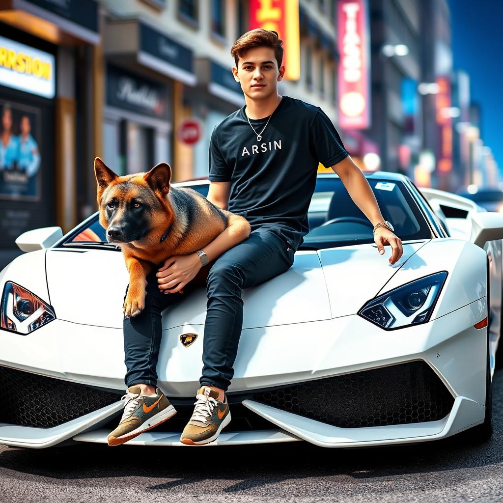 A strikingly handsome teenage boy sitting on a white Lamborghini, exuding a cool and confident vibe