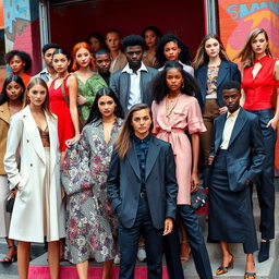 A vibrant fashion scene showcasing a diverse collection of both men's and women's clothing