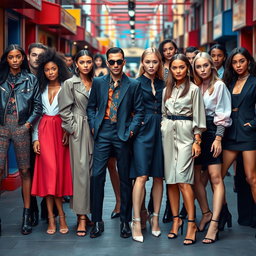 A vibrant fashion scene showcasing a diverse collection of both men's and women's clothing