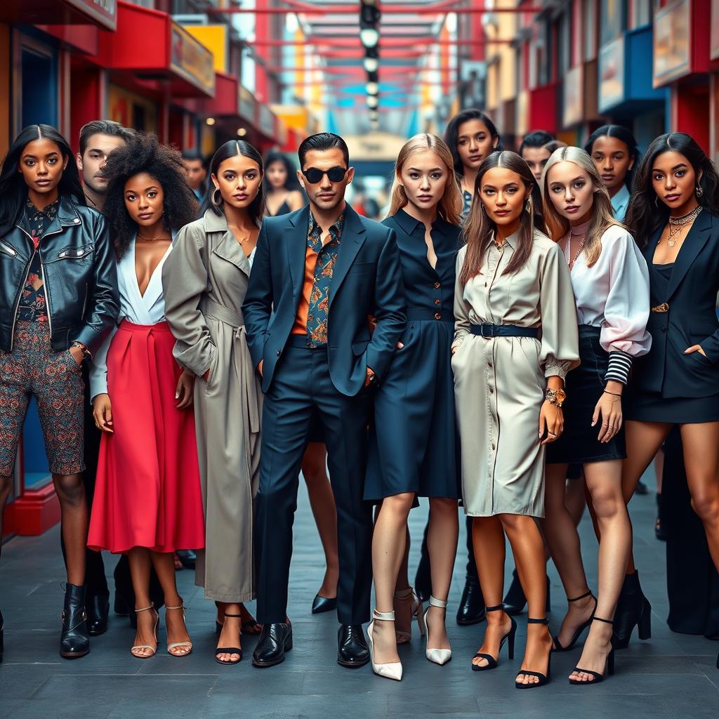 A vibrant fashion scene showcasing a diverse collection of both men's and women's clothing