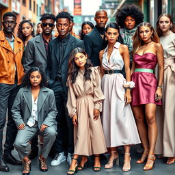 A vibrant fashion scene showcasing a diverse collection of both men's and women's clothing