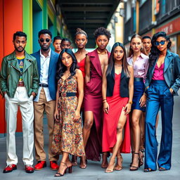 A vibrant fashion scene showcasing a diverse collection of both men's and women's clothing