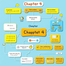 A colorful and engaging flowchart illustrating the key concepts from Chapter 4 of third-grade mathematics