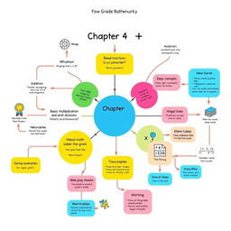 A colorful and engaging flowchart illustrating the key concepts from Chapter 4 of third-grade mathematics