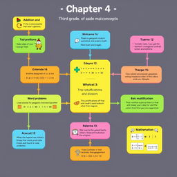 A colorful and engaging flowchart illustrating the key concepts from Chapter 4 of third-grade mathematics