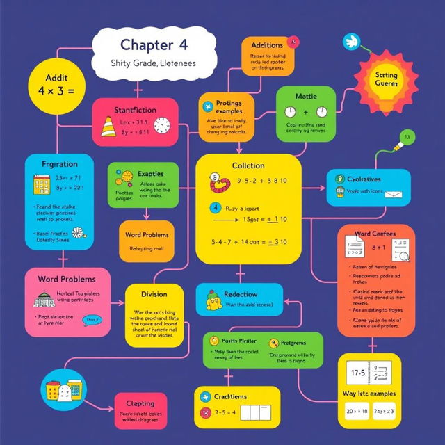 A colorful and engaging flowchart illustrating the key concepts from Chapter 4 of third-grade mathematics