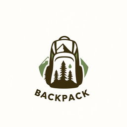 A modern and stylish logo design for a backpack brand, featuring a minimalist silhouette of a backpack combined with nature-inspired elements like mountains and trees