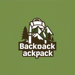 A modern and stylish logo design for a backpack brand, featuring a minimalist silhouette of a backpack combined with nature-inspired elements like mountains and trees