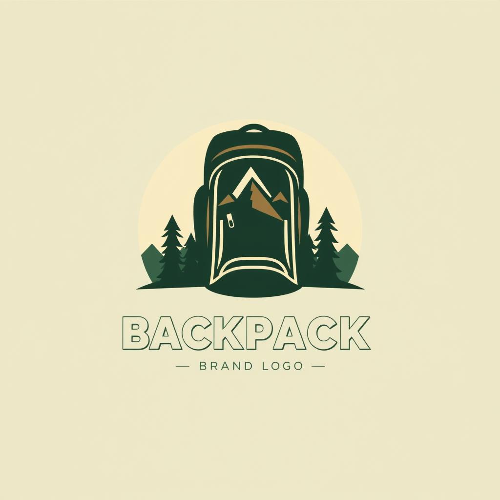 A modern and stylish logo design for a backpack brand, featuring a minimalist silhouette of a backpack combined with nature-inspired elements like mountains and trees