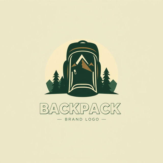 A modern and stylish logo design for a backpack brand, featuring a minimalist silhouette of a backpack combined with nature-inspired elements like mountains and trees