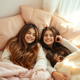 Two teenage girls with long brown hair lying together in a cozy bedroom setting, surrounded by soft pillows and decorated with pastel-colored blankets