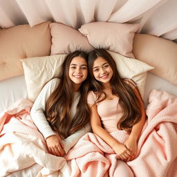 Two teenage girls with long brown hair lying together in a cozy bedroom setting, surrounded by soft pillows and decorated with pastel-colored blankets