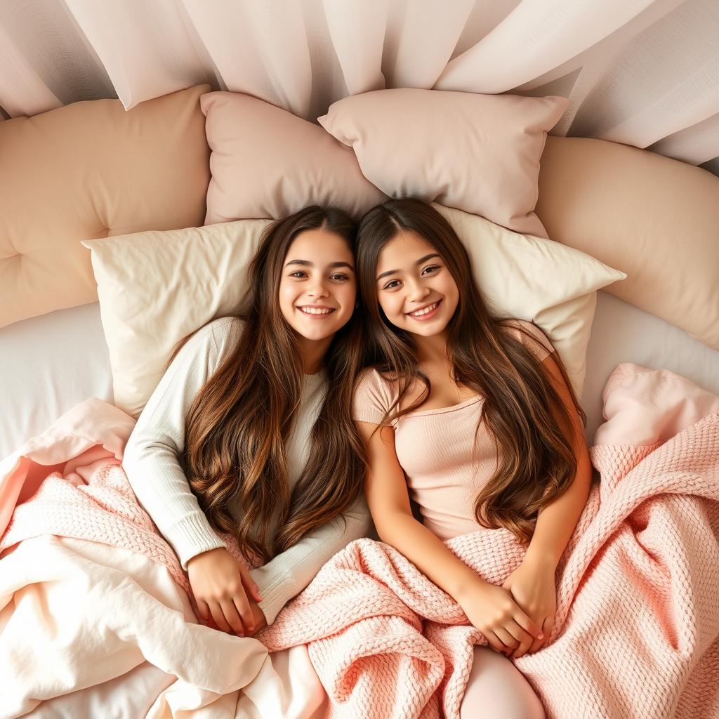 Two teenage girls with long brown hair lying together in a cozy bedroom setting, surrounded by soft pillows and decorated with pastel-colored blankets