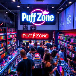 A vibrant, modern vape shop called "Puff Zone" showcasing a wide variety of colorful vape devices and e-liquids