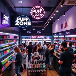A vibrant, modern vape shop called "Puff Zone" showcasing a wide variety of colorful vape devices and e-liquids