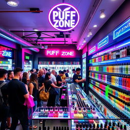 A vibrant, modern vape shop called "Puff Zone" showcasing a wide variety of colorful vape devices and e-liquids