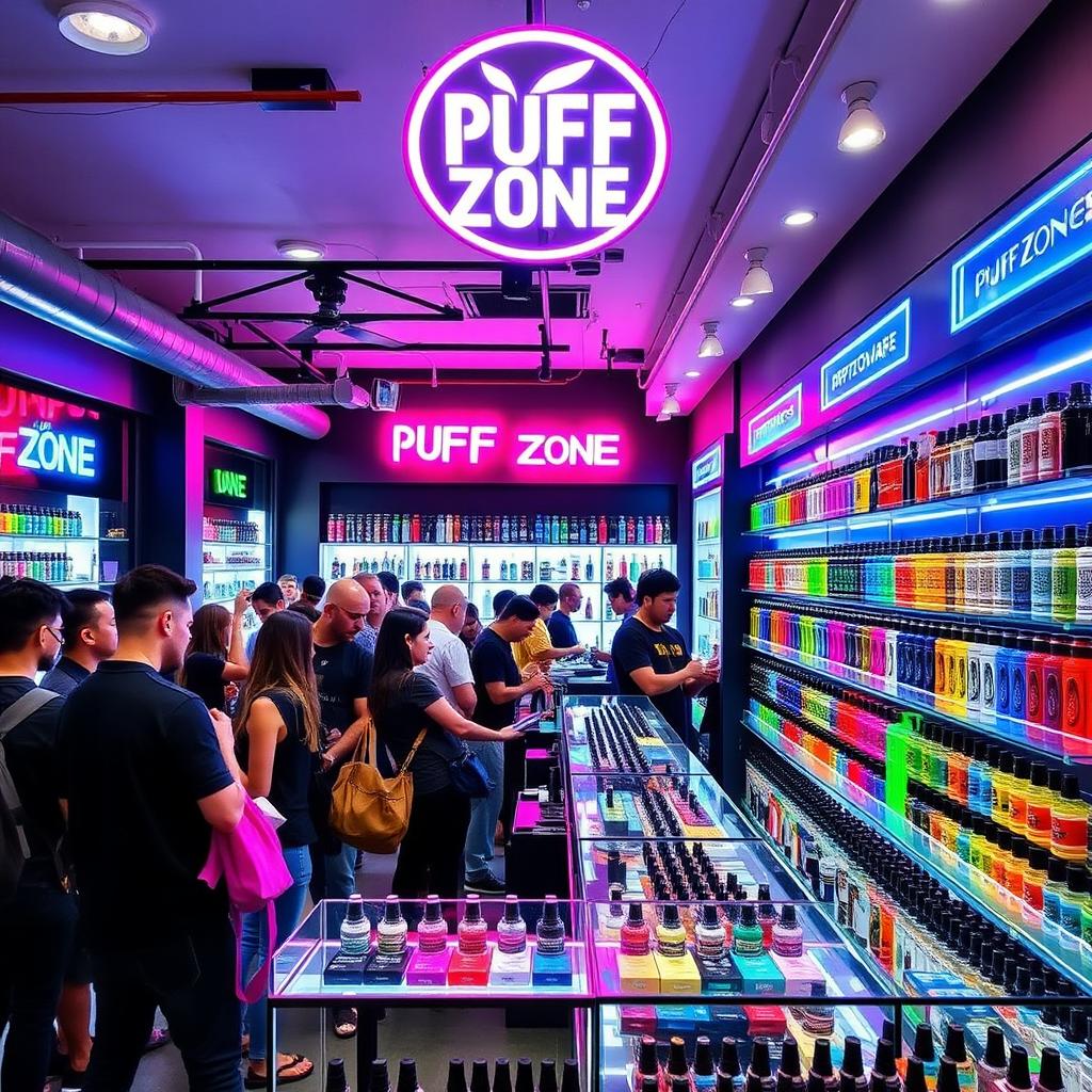 A vibrant, modern vape shop called "Puff Zone" showcasing a wide variety of colorful vape devices and e-liquids