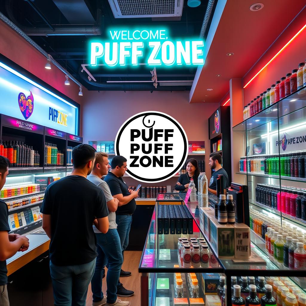 Welcome to Puff Zone, a vibrant and stylish vaping shop showcasing a wide variety of the latest vape products, from sleek vape pens to colorful e-liquids