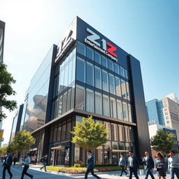 A modern corporate building design for 1Z Entertainment Company, showcasing sleek glass and steel architecture with prominent signage