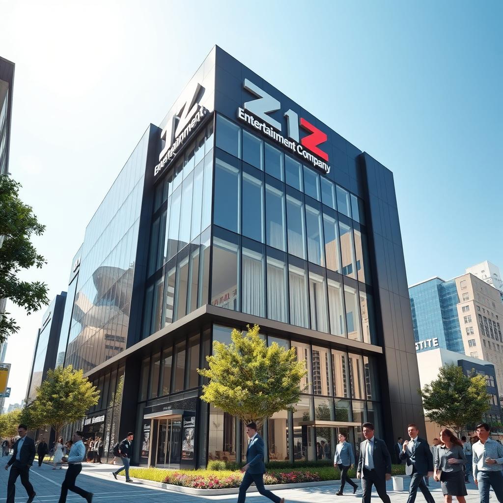 A modern corporate building design for 1Z Entertainment Company, showcasing sleek glass and steel architecture with prominent signage