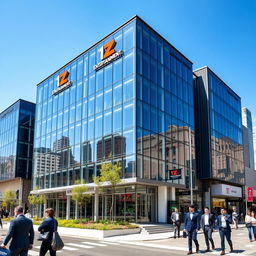 A modern corporate building design for 1Z Entertainment Company, showcasing sleek glass and steel architecture with prominent signage