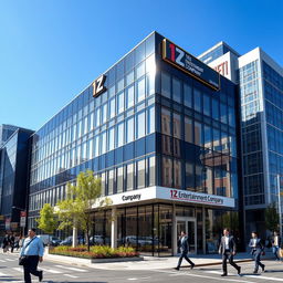 A modern corporate building design for 1Z Entertainment Company, showcasing sleek glass and steel architecture with prominent signage