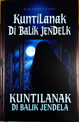 A hauntingly atmospheric book cover for 'KUNTILANAK DI BALIK JENDELA', featuring a shadowy figure of a Kuntilanak, a ghostly woman with long black hair, partially obscured behind a window