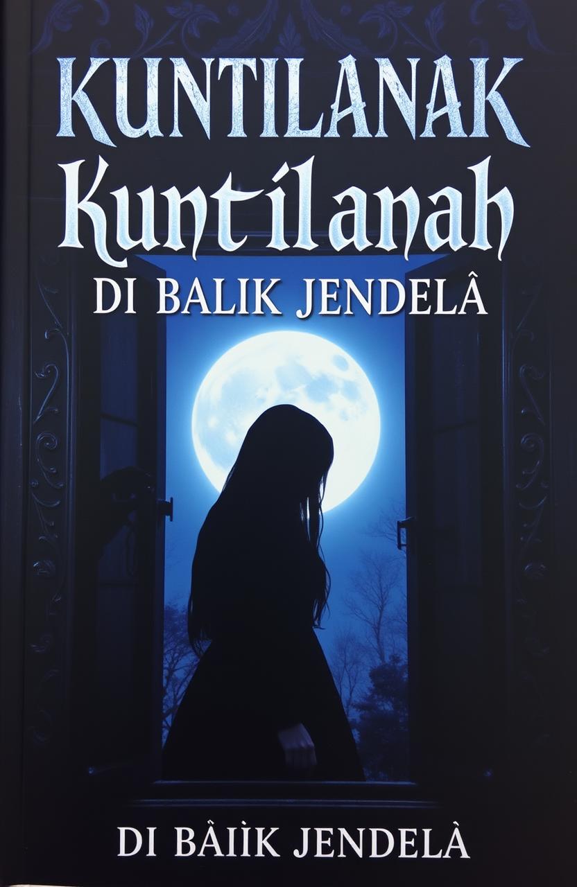 A hauntingly atmospheric book cover for 'KUNTILANAK DI BALIK JENDELA', featuring a shadowy figure of a Kuntilanak, a ghostly woman with long black hair, partially obscured behind a window