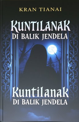 A hauntingly atmospheric book cover for 'KUNTILANAK DI BALIK JENDELA', featuring a shadowy figure of a Kuntilanak, a ghostly woman with long black hair, partially obscured behind a window
