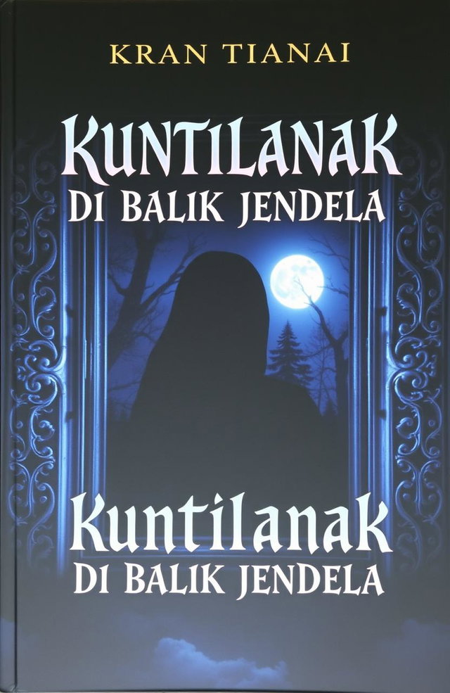 A hauntingly atmospheric book cover for 'KUNTILANAK DI BALIK JENDELA', featuring a shadowy figure of a Kuntilanak, a ghostly woman with long black hair, partially obscured behind a window