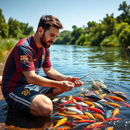 Lionel Messi, the famous soccer superstar, sitting by a tranquil river, selecting colorful fish from the water with a focused expression