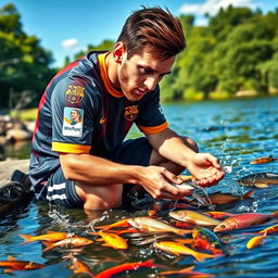 Lionel Messi, the famous soccer superstar, sitting by a tranquil river, selecting colorful fish from the water with a focused expression