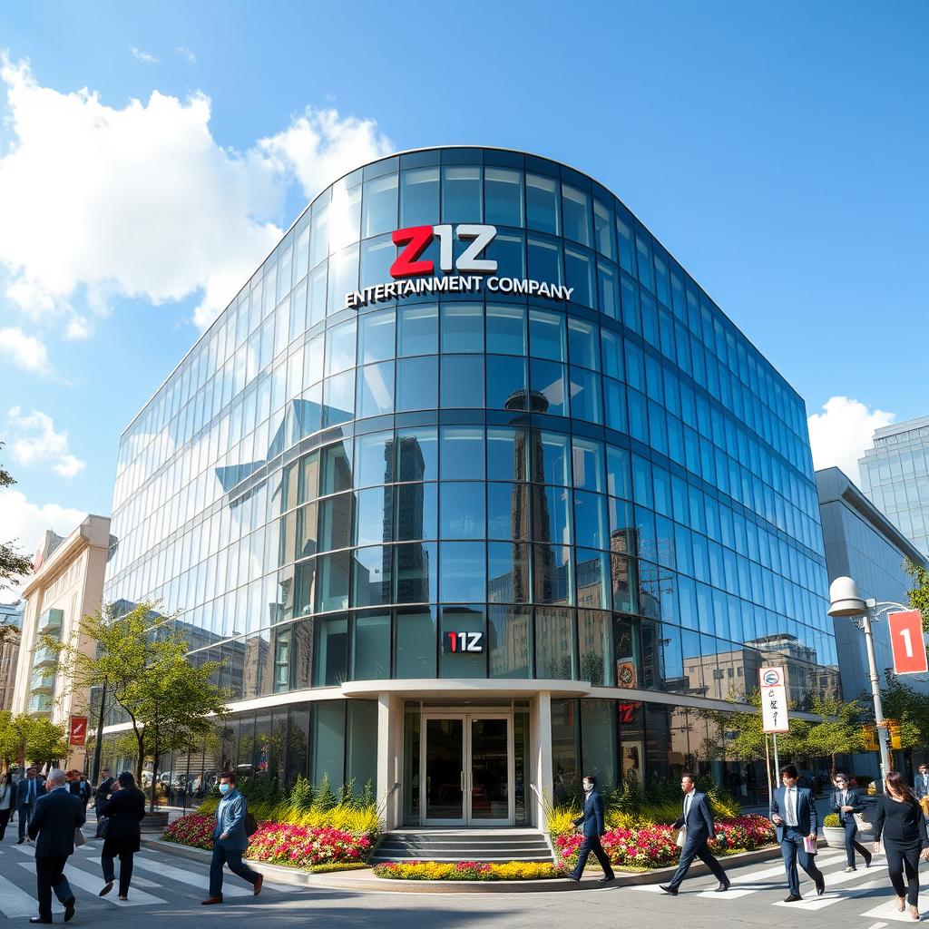 An impressive and contemporary building designed for 1Z Entertainment Company, featuring a striking facade made of glass and metal