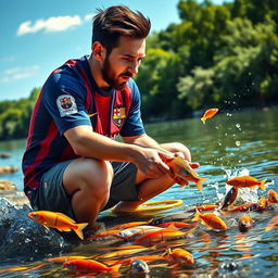 Lionel Messi, the famous soccer superstar, sitting by a tranquil river, selecting colorful fish from the water with a focused expression