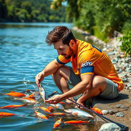 Lionel Messi, the famous soccer superstar, sitting by a tranquil river, selecting colorful fish from the water with a focused expression