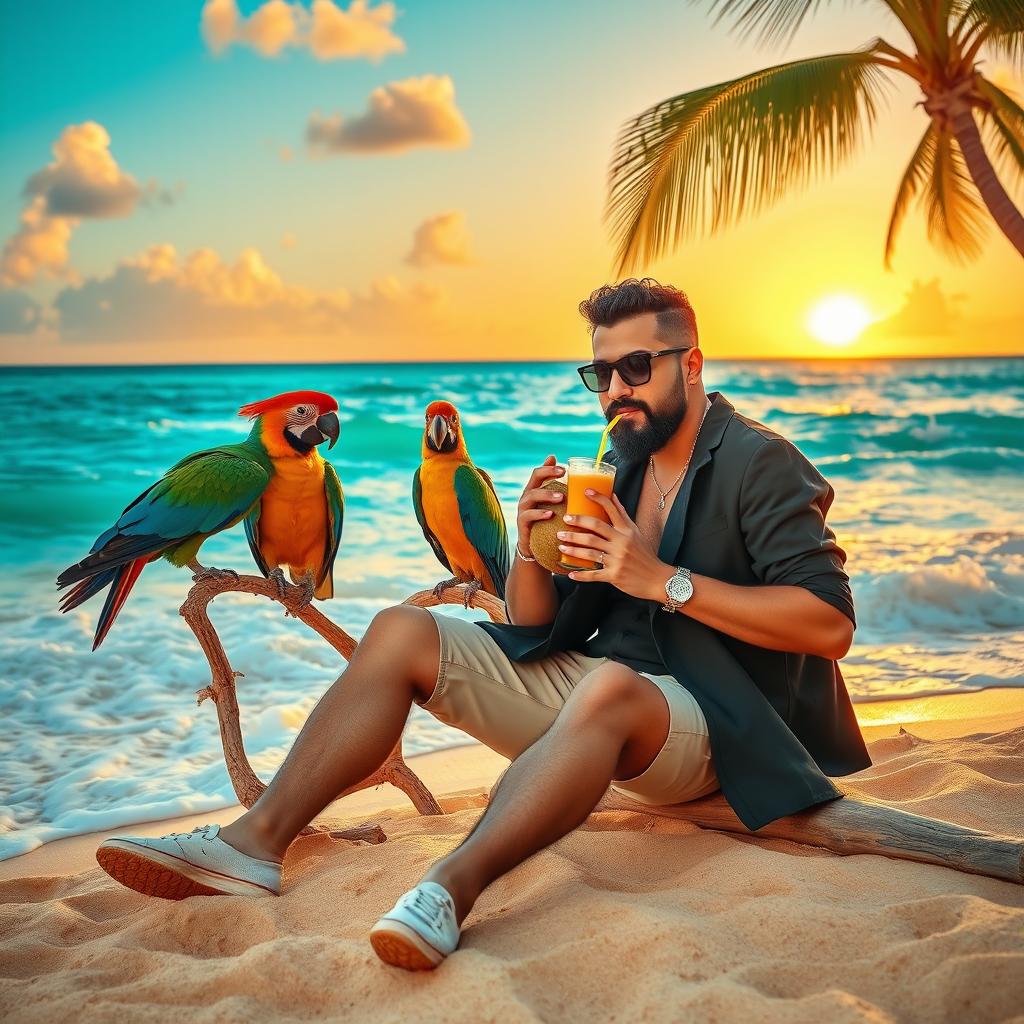 Ali Gharami, an Iranian rapper, enjoying his time on a beautiful Hawaiian beach, surrounded by three large, colorful cockatoos perched nearby