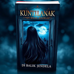 A chilling and captivating book cover for 'KUNTILANAK DI BALIK JENDELA', depicting a ghostly Kuntilanak figure with long flowing black hair, partially visible behind an old, wooden window