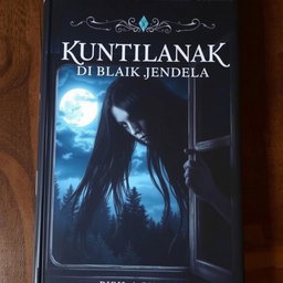 A chilling and captivating book cover for 'KUNTILANAK DI BALIK JENDELA', depicting a ghostly Kuntilanak figure with long flowing black hair, partially visible behind an old, wooden window