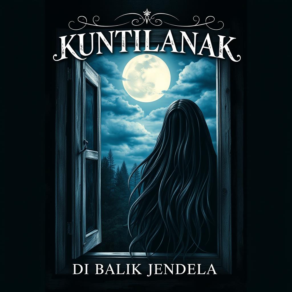 A chilling and captivating book cover for 'KUNTILANAK DI BALIK JENDELA', depicting a ghostly Kuntilanak figure with long flowing black hair, partially visible behind an old, wooden window