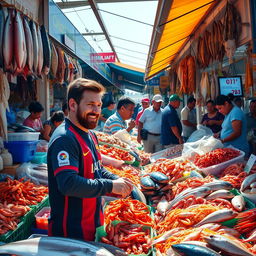 Lionel Messi, the famous football player, joyfully shopping at a bustling fish market, surrounded by colorful stalls filled with fresh seafood like fish, shrimp, and crabs