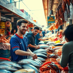 Lionel Messi, the famous football player, joyfully shopping at a bustling fish market, surrounded by colorful stalls filled with fresh seafood like fish, shrimp, and crabs