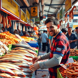 Lionel Messi, the famous football player, joyfully shopping at a bustling fish market, surrounded by colorful stalls filled with fresh seafood like fish, shrimp, and crabs