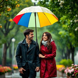 A romantic scene of a couple walking under a colorful umbrella during a light rain, with raindrops falling around them, surrounded by lush green trees and blooming flowers