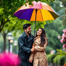 A romantic scene of a couple walking under a colorful umbrella during a light rain, with raindrops falling around them, surrounded by lush green trees and blooming flowers