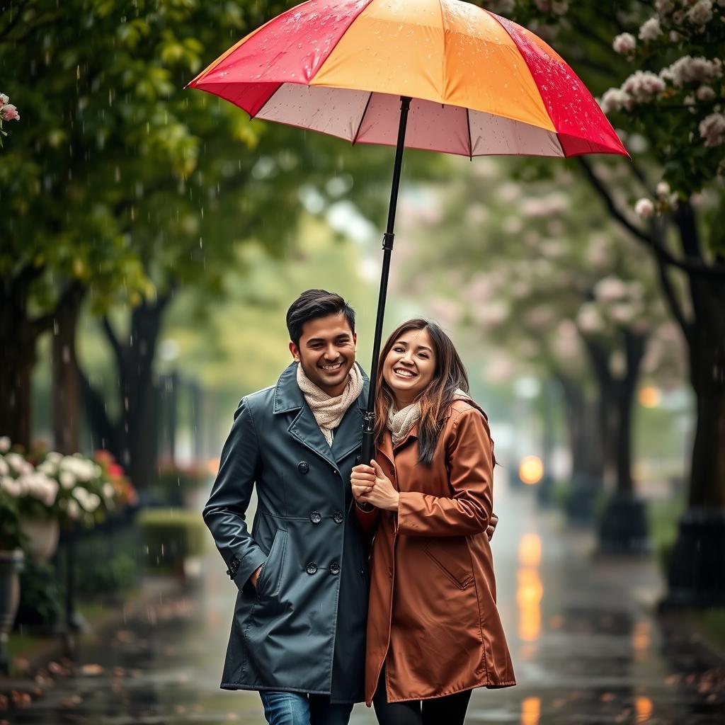 A romantic scene of a couple walking under a colorful umbrella during a light rain, with raindrops falling around them, surrounded by lush green trees and blooming flowers